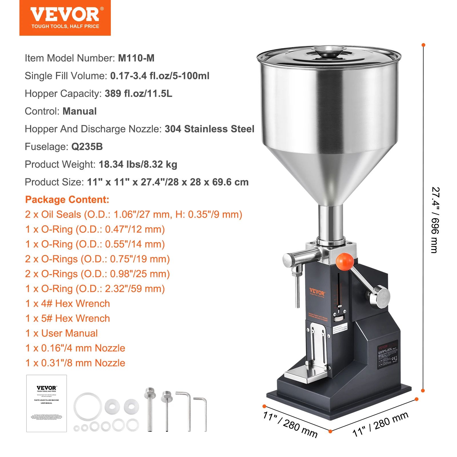 VEVOR Manual Liquid Filling Machine Adjustable Paste Bottle Filler With Hopper For Water, Juice, Shampoo, Honey 5 100ml