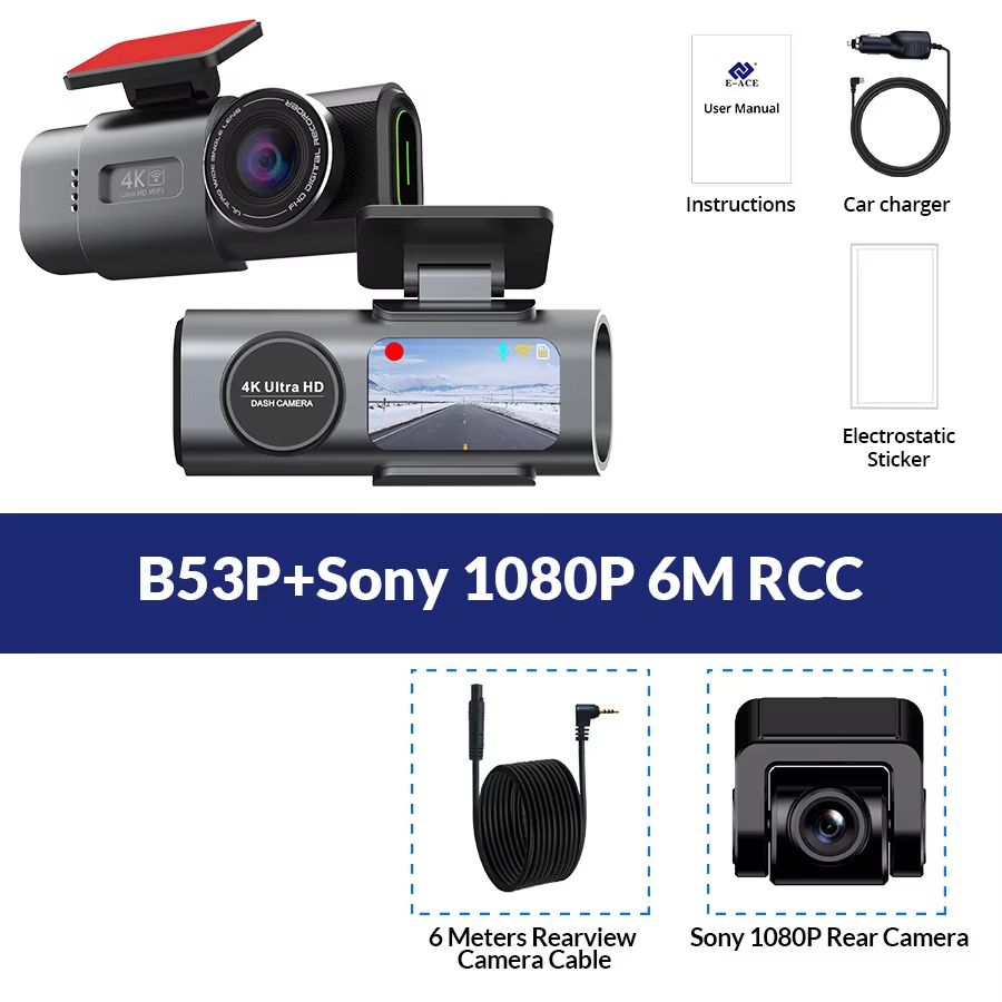 E ACE 4K Dashcam With GPS & WiFi, 24H Parking Dual Lens, 1080P Rearview Camera, Night Vision Car Black Box b53p sony 6m Rc 32g