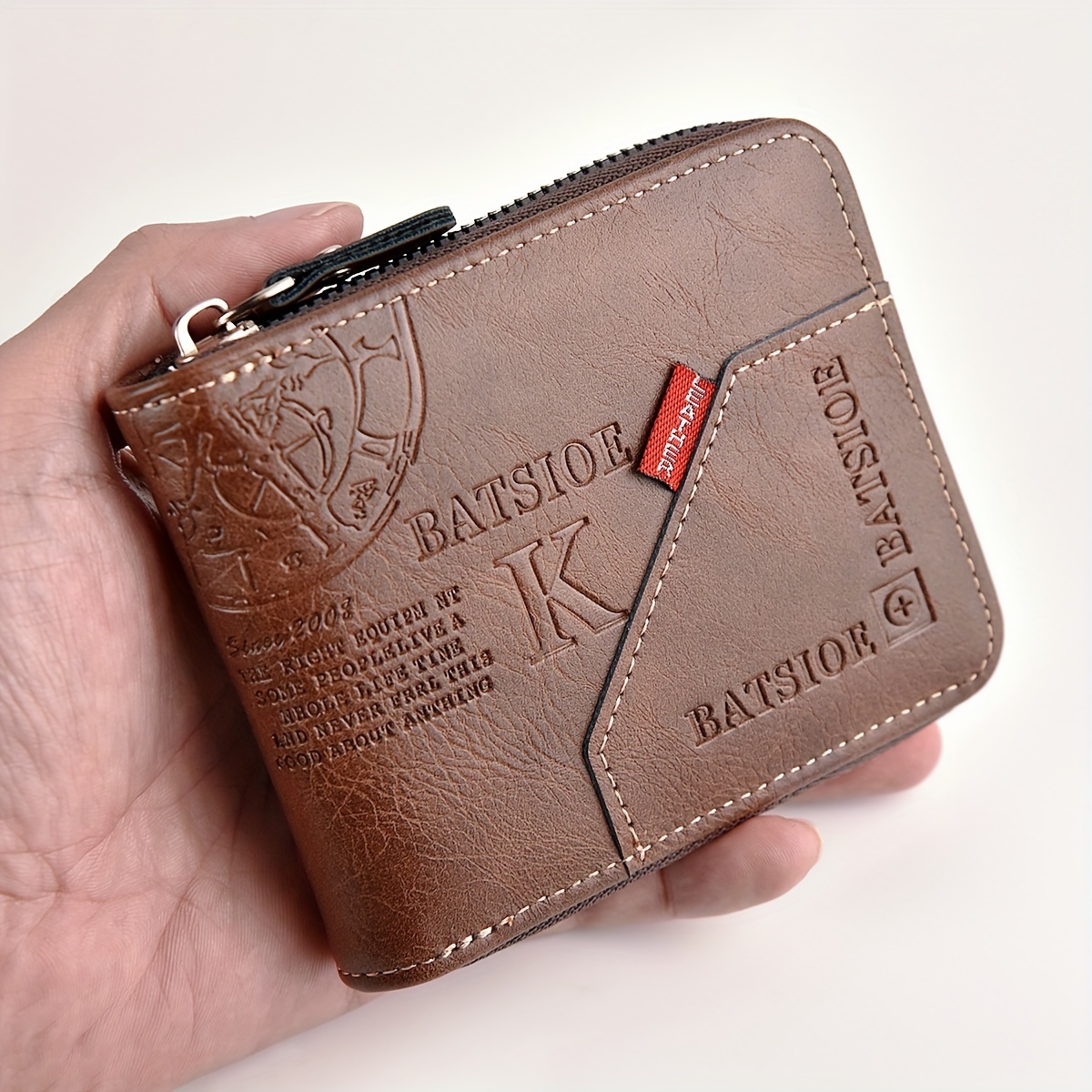 Slim Wallet For Men Stylish PU Wax Oil Skin Card Holder With Zipper light Brown