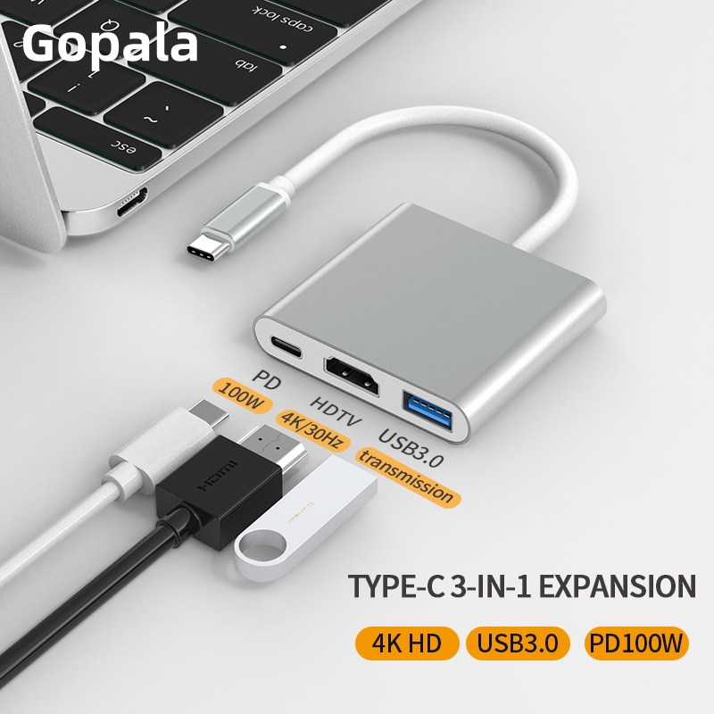 3 in 1 USB C To HDMI Multiport Adapter, Thunderbolt 3 Hub With 4K Output, USB 3.0 & 100W PD Fast Charging silver