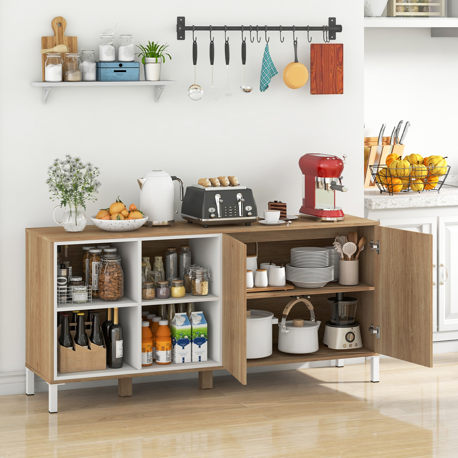 Modern Buffet Sideboard With Push Open Doors,Storage Cabinet,5 Level Adjustable Shelves,Rustic Farmhouse Design For Home Modern Buffet Sideboard With Push Open Doors,Storage Cabinet,5 Level Adjustable Shelves,Rustic Farmhouse Design For Home