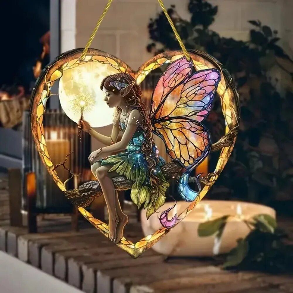 Magical Fairy Night Fairy Suncatcher, Stained Glass Acrylic Heart Wall Hanging For Home & Garden Decor light Grey