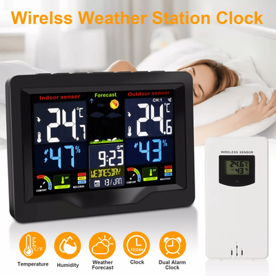 Digital LCD Indoor & Outdoor Weather Station Alarm Clock Thermometer Wireless With Color Display, Humidity Monitor Digital LCD Indoor & Outdoor Weather Station Alarm Clock Thermometer Wireless With Color Display, Humidity Monitor
