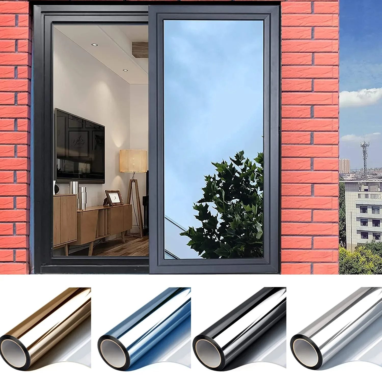 One Way Mirror Window Film Privacy Tint Heat Control Reflective Adhesive Glass Covering 15.7 196.9 In brown silver