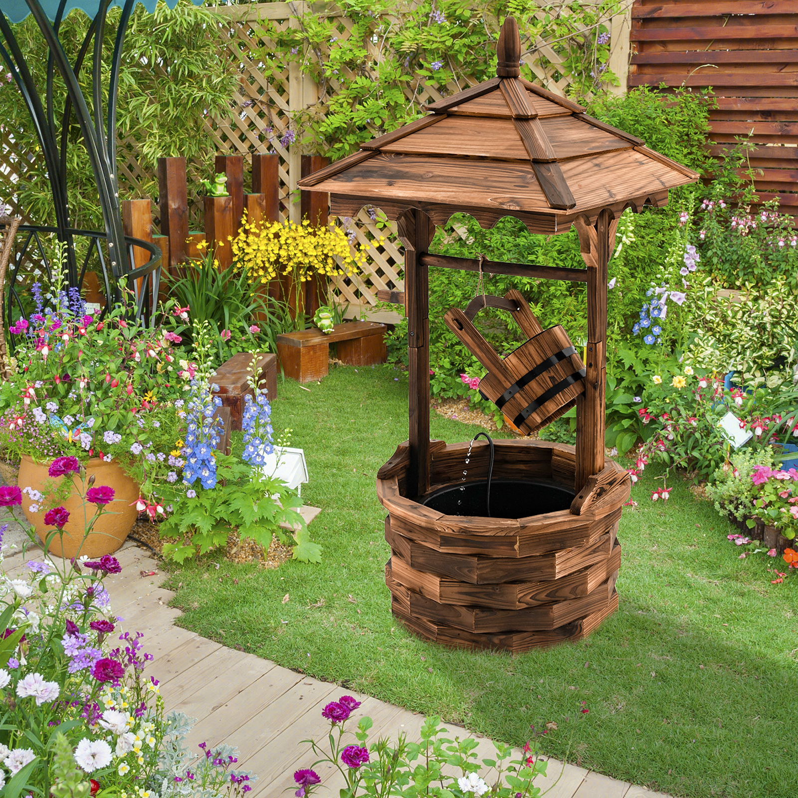 Wooden Wishing Well Fountain, Rustic Outdoor Water Feature With Adjustable Electric Pump For Garden & Patio Wooden Wishing Well Fountain, Rustic Outdoor Water Feature With Adjustable Electric Pump For Garden & Patio