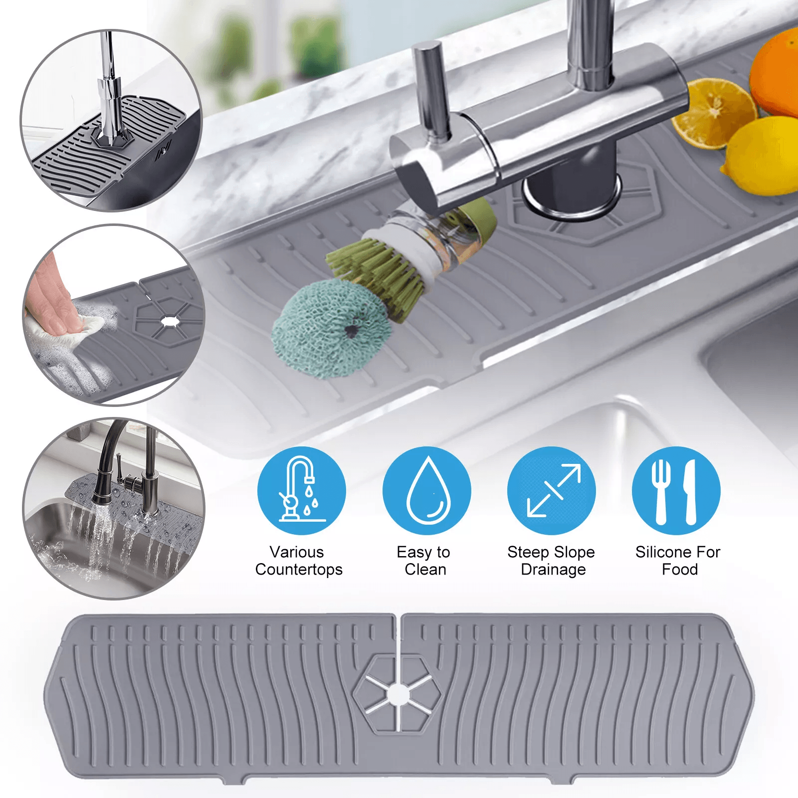 Kitchen Sink Silicone Faucet Drain Pad, Splash Guard Drip Catcher Tray For Countertop Water Control And Easy Cleaning Kitchen Sink Silicone Faucet Drain Pad, Splash Guard Drip Catcher Tray For Countertop Water Control And Easy Cleaning