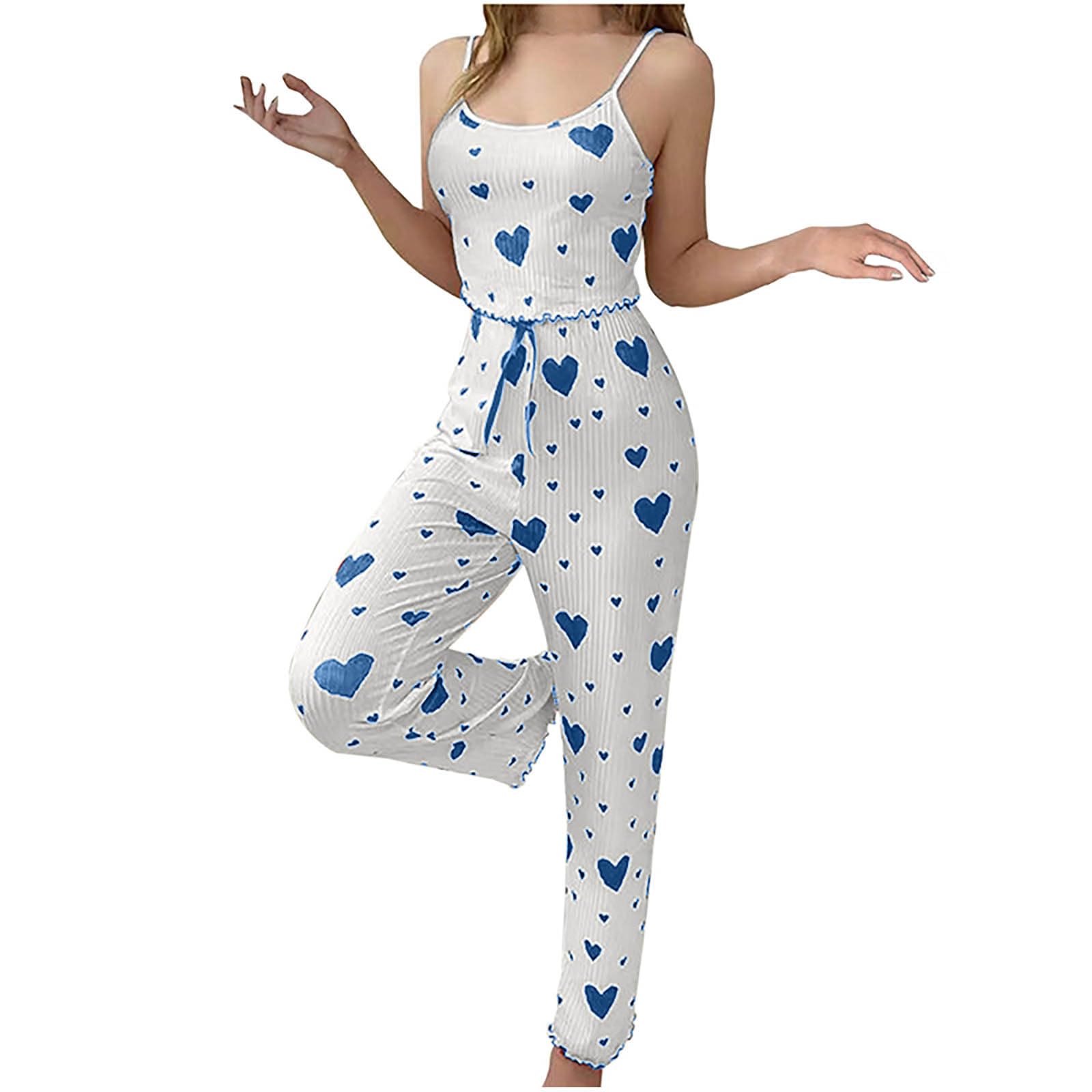 Trendy Women Pajamas, Comfy Short Vest & Breathable Trouser Set, Casual Love Print Lounge Wear blue s