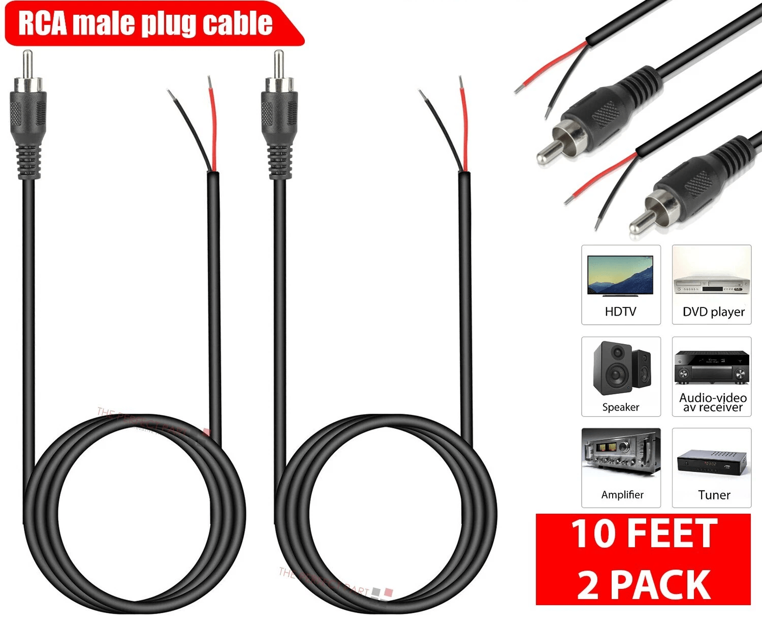 10 FT RCA Male To Bare Wire Cable Cord, Audio Subwoofer Speaker Repair Cable For HDTV, Stereo, AV System 10 FT RCA Male To Bare Wire Cable Cord, Audio Subwoofer Speaker Repair Cable For HDTV, Stereo, AV System