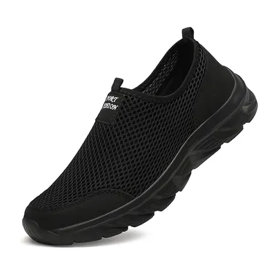 Breathable Mesh Men Running Shoes, Lightweight Summer Sneakers Casual Walking Slip On Loafers Driving Zapatos Casuales all Black 44