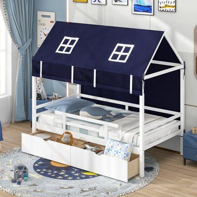 Twin House Bed With Tent & 2 Storage Drawers Kids Play & Sleep Loft Bed Twin House Bed With Tent & 2 Storage Drawers Kids Play & Sleep Loft Bed