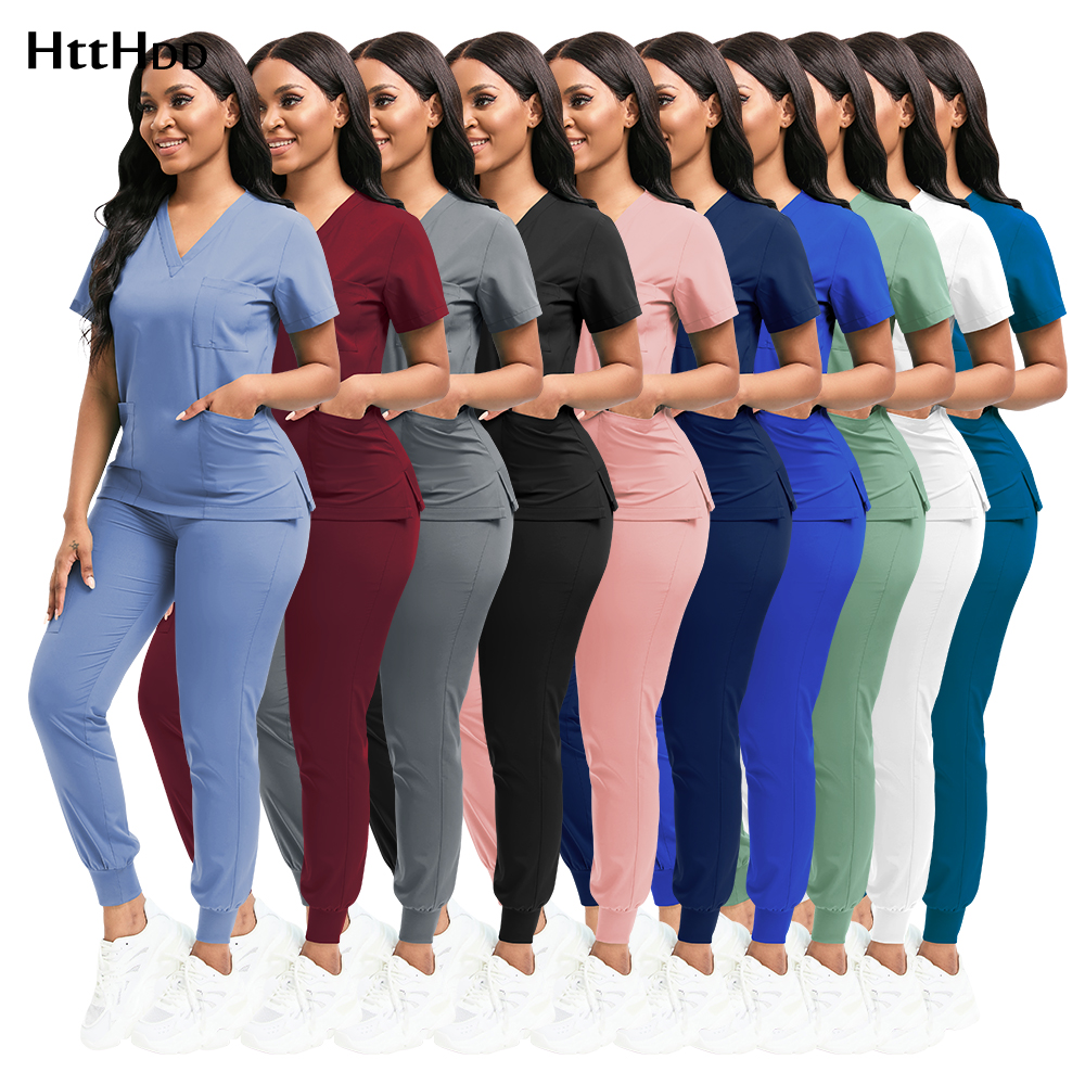 High Quality Scrubs Women Set, V Neck Uniform Top & Jogger Pants With Drawstring Waist, SPA, Dental, Veterinary & Clinic white xxl