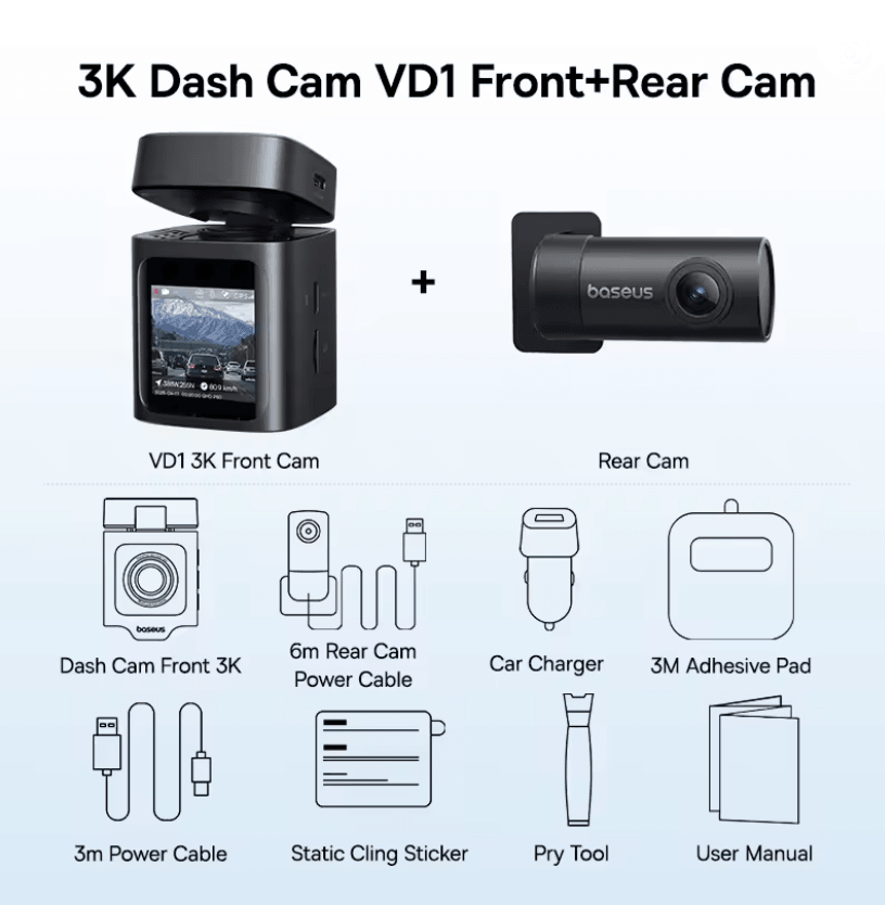 Baseus VD1 3K Dual Dash Cam Front And Rear With GPS And Supercapacitor none front N Rear