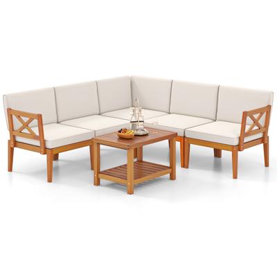 Outdoor Acacia Wood Patio Furniture Set With Cushions & Coffee Table, Modular Sectional Seating For Lawn, Poolside Outdoor Acacia Wood Patio Furniture Set With Cushions & Coffee Table, Modular Sectional Seating For Lawn, Poolside