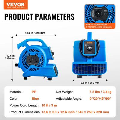 VEVOR Floor Blower Fan 1360 RPM Air Mover For Drying Cooling Portable Dryer Fan For Home, Garage,Plumbing Commerical Use 1300 Rpm 100w