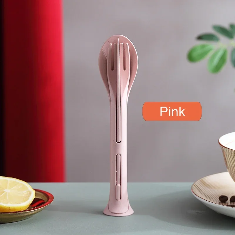 Portable Tableware Set Wheat Straw Dinnerware, Detachable Cutlery Travel Tableware Set With Case, Eco Friendly Camping pink
