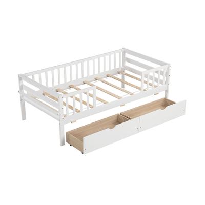 Montessori Twin Daybed With Safety Fence & Storage Drawers, White Kids Bed For Boys And Girls, Sofa Bed With Wooden Slat Montessori Twin Daybed With Safety Fence & Storage Drawers, White Kids Bed For Boys And Girls, Sofa Bed With Wooden Slat