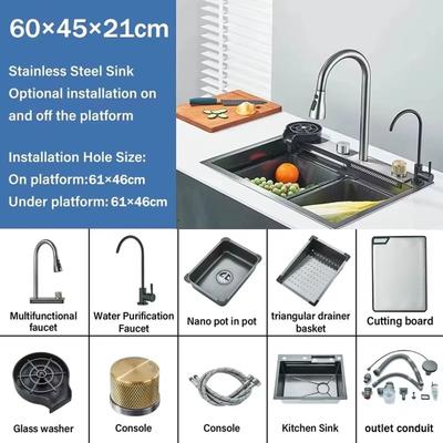 Premium Stainless Steel Waterfall Kitchen Sink, Large Single Basin, Above Counter With Single Slot & Cup Disher a2