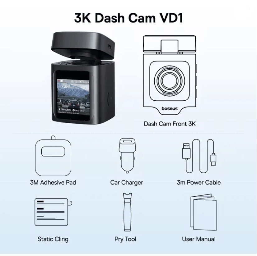 Baseus VD1 3K Dual Dash Cam Front And Rear With GPS And Supercapacitor none front