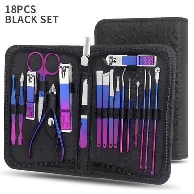 Stainless Steel Gradient Manicure And Pedicure Kit With Nail Scissors And Travel Case 18 Pcs Set