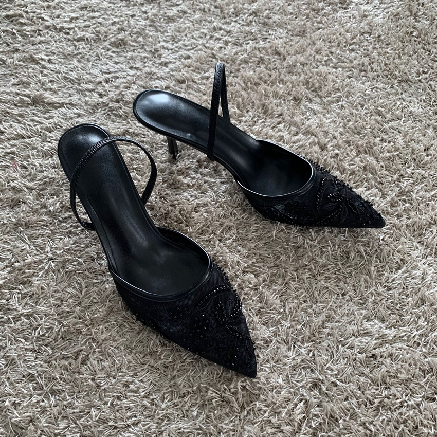 High Heels Women Sandals Mesh Embroidered Elegant Pointed Toe Slingback Party Wedding Bridal Dress Shoes For Women skin 41