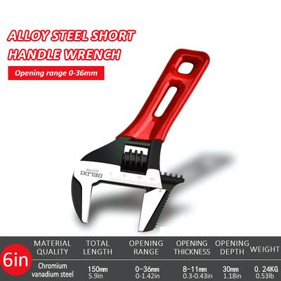 Adjustable Short Handle Wrench, Big Opening Bathroom Ratchet Tool For Plumbing, Pipes, Nuts black
