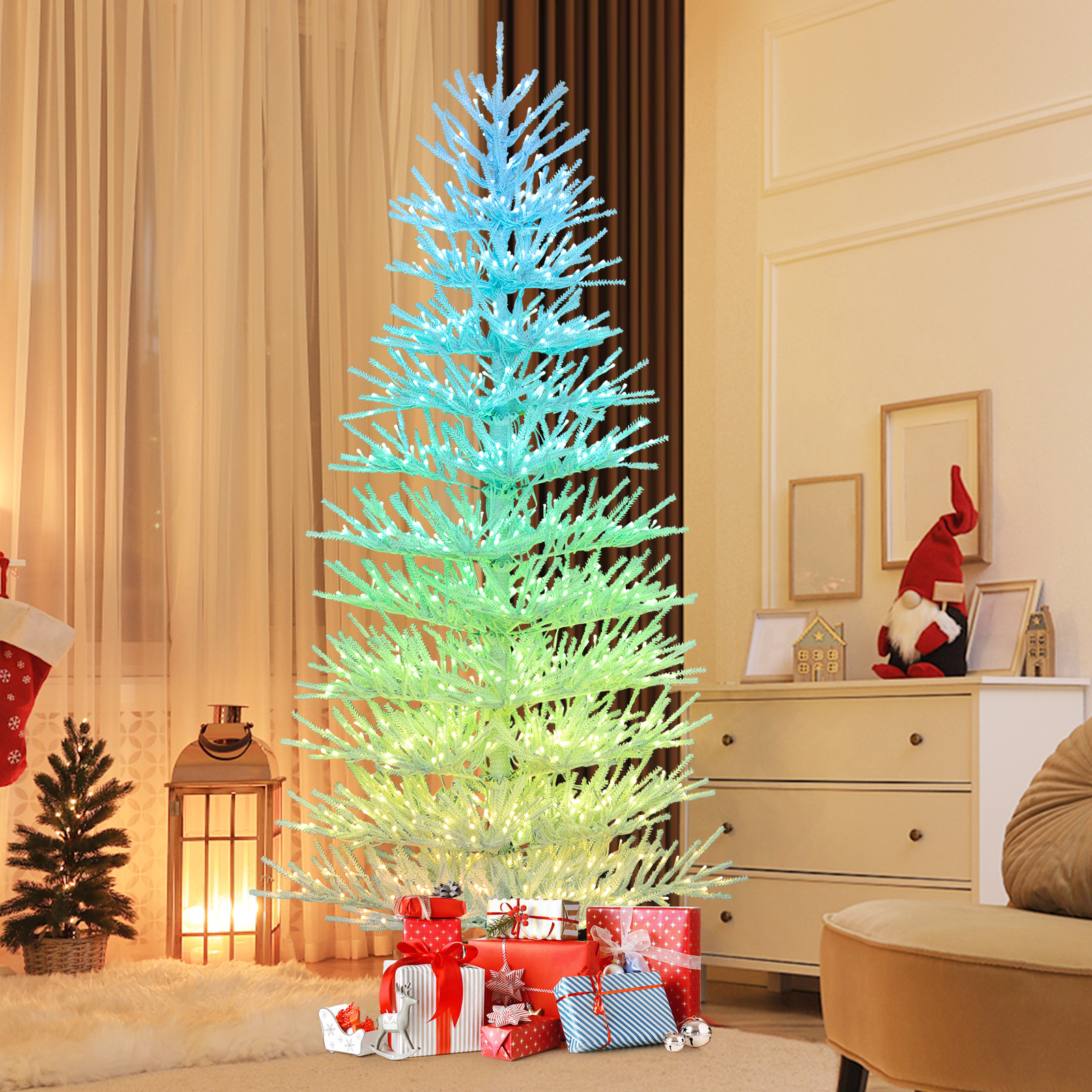 7 FT Artificial Pre lit Christmas Tree, Hinged Xmas Tree With 820 Coral like Branch Tips RGB Lights 7 FT Artificial Pre lit Christmas Tree, Hinged Xmas Tree With 820 Coral like Branch Tips RGB Lights
