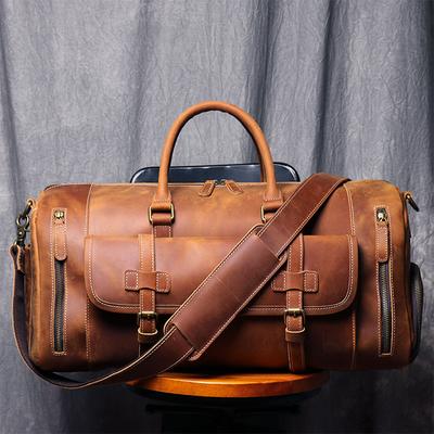 Large Weekend Tote Bag For Men, Vintage Crazy Horse Leather Travel Duffle, Genuine Leather Large Luggage Carry Bag light Brown