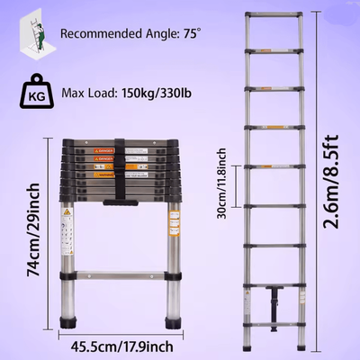 Heavy Duty Telescopic Loft Ladder 26M To 5M Multipurpose Folding Ladder For Home And Work 2.6m 8.5ft