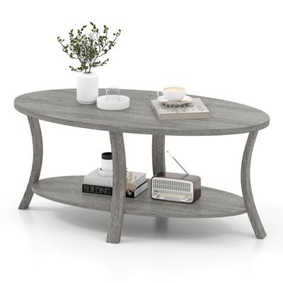 Costway Oval Coffee Table 2-Tier Center Table with Storage Shelf-Gray