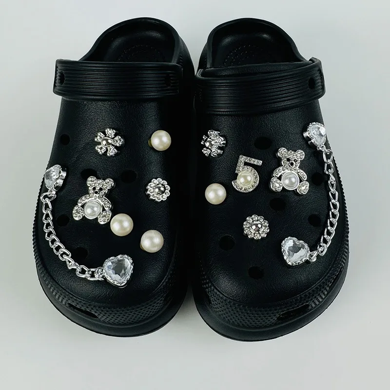 13PCS Mode Schuh Charms Set Zubehör Loch Schuh Schnalle Silber Perle Bär Diamant Kette DIY Schuhe Dekorationen Party geschenk