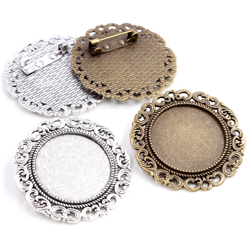 Neue Mode 5 stücke 25mm Innere Größe Antike Silber Überzogene Bronze Farben Brosche Barock Stil Cabochon Basis Einstellung