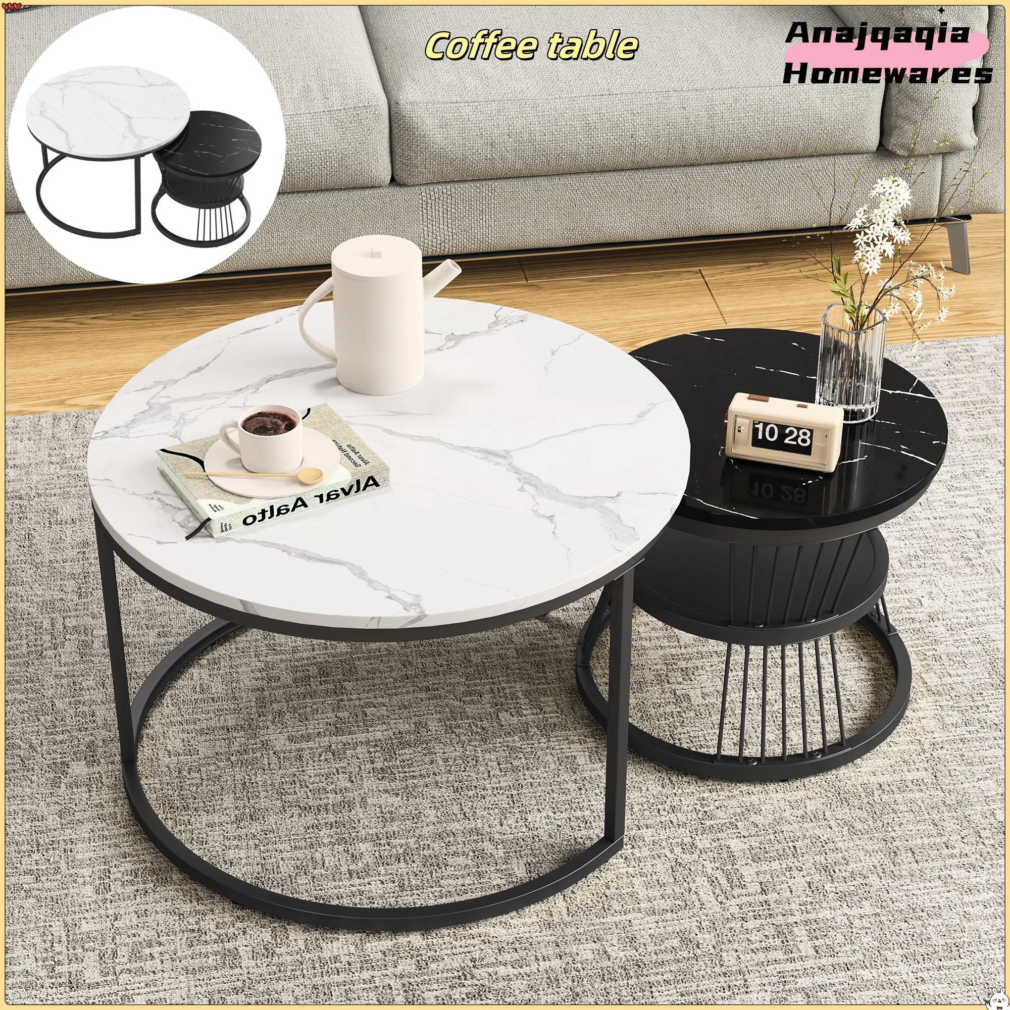 Anajqaqia 2er-Set runder Couchtisch, stapelbarer Sofatisch, Set Tische für Wohnzimmer, Wohnzimmertisch, Schwarz und Weiß