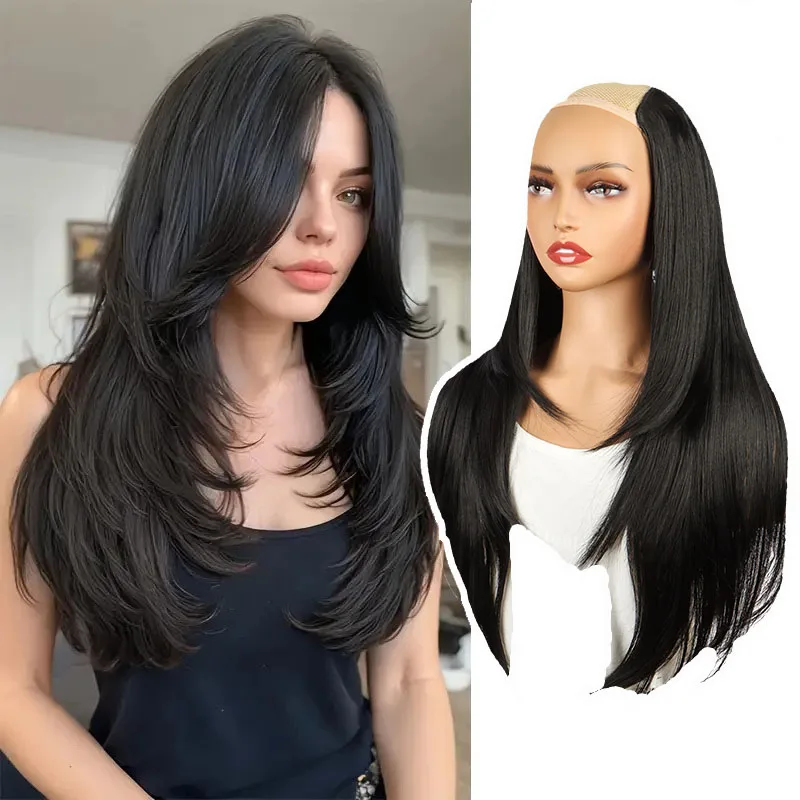 22 Zoll synthetische lange mikrogelockte geschichtete Haarverlängerungs-Patch natürlich aussehende unsichtbare einteilige Perücke für Frauen Image