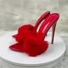 Sexy rote Kunstpelz Frauen Hausschuhe 12 cm High Heels spitze Zehen Kleid Dating Party Mode Schuhe Frauen Sandalen plus Größe LX050