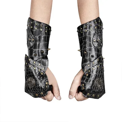 2-teiliges mittelalterliches Rüstungsmanschettenarm-Wikinger-Ritter-Stulpe, Piraten-Armband, PU-Leder, Nieten-Armschiene, Halloween-Cosplay-Zubehör Image