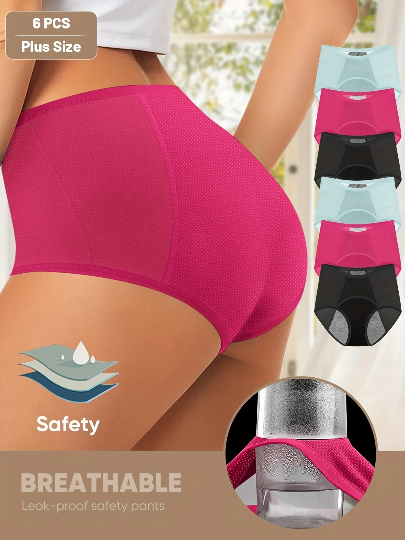 6-teiliges Value-Set für Damen in Übergröße, 92 % Nylonmaterial, weich und atmungsaktiv, hohe Taille, Bauchkontrolle, auslaufsicher Image