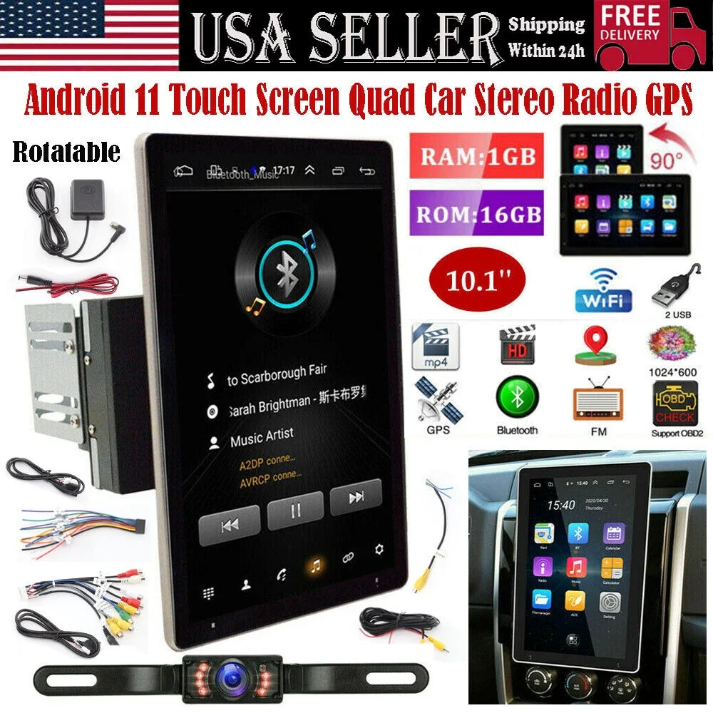 Double DIN Rotatable 10inch Car Stereo Radio Touch Screen GPS Wifi 2G+32GB Android 13