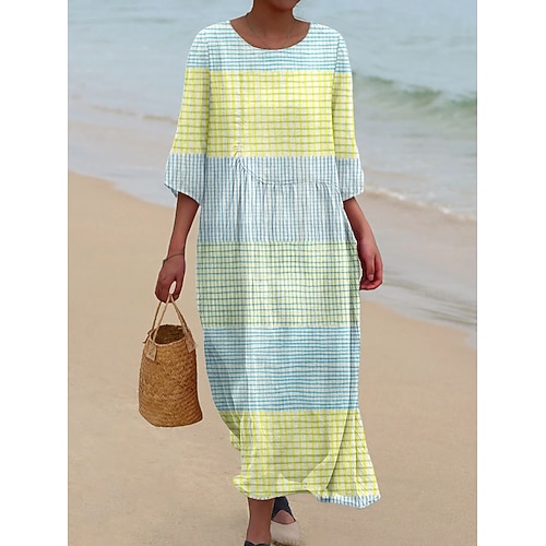 Maxikleid Damen Leinenähnlich Atmungsaktiv Leicht Kaftan 3/4 Länge Ärmel Rundhals Lässig Shift Kleid Kleid Boho Täglich Urlaub Date Grafik Geometrisch Gelb Blau Regenbogen Frühling Herbst Image