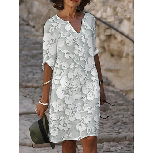 Damen Midikleid Freizeitkleid Druckkleid Mode Modern Täglich Strand Wochenende Normale Passform Blumen Dreiviertelarm Rundhalsausschnitt Gelb Purpur Grau Sommer Frühling Herbst Image