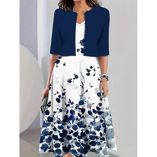 Damen Kleid-Set A Linie Kleid Lässig Halbformelle Kleider Blumen Grafik Druck Midikleid Halbarm Rundhalsausschnitt Urlaub Date Blau Weiß Grün Sommer Frühling Normale Passform Image