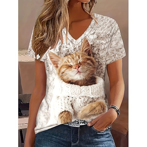 Damen T Shirt Druck Grafik Tiermotiv Katze Vintage Stilvoll Klassisch Kurzarm V Ausschnitt Normale Oberteile Täglich Wochenende Khaki Sommer Frühling Herbst Image