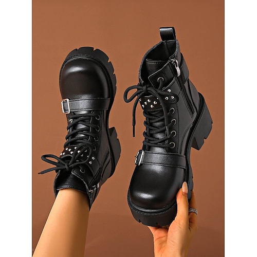 Damen Stiefel Kampfstiefel Täglich Stiefeletten Schnürung Blockabsatz Runde Zehe Lässig Kunstleder Reißverschluss Hellbraun Schwarz Grau Image