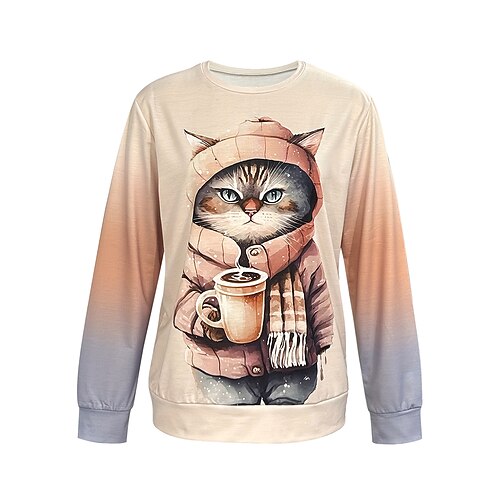 Damen Pullover Sweatshirt Patchwork Druck Grafik Tiermotiv Katze Warm Aktiv Vintage Langarm Rundhalsausschnitt Normale Oberteile Lässig Straße Alltagskleidung Khaki Grau Frühling Herbst Winter Image