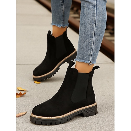 Grüne Chelsea-Stiefeletten aus Wildlederimitat für Damen – elastischer Seiteneinsatz zum Hineinschlüpfen, dicke Profilsohle, lässiges Schuhwerk für draußen und unterwegs Image