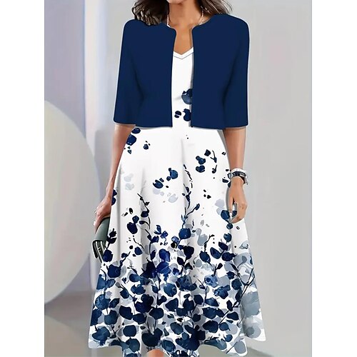 Damen Kleid-Set A Linie Kleid Lässig Halbformelle Kleider Blumen Grafik Druck Midikleid Halbarm Rundhalsausschnitt Urlaub Date Blau Weiß Grün Sommer Frühling Normale Passform Image