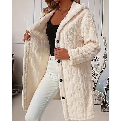 Damen Mantel Kunstpelzmantel Warm Bequem Knöpfe Lässig Einfach Outdoor Alltagskleidung Ausgehen Alltagstauglich Einreihig Lang Mit Kapuze Normale Passform Langarm Oberbekleidung Beige Winter