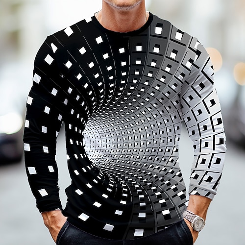 Herren Optische Täuschung 3D T Shirt Langarm T-Shirt 3D-Druck Rundhalsausschnitt Hemd Mode Übertrieben Straße Täglich Blau Schwarz Grün Sommer Frühling Herbst Bekleidung S M L XL XXL XXXL Image