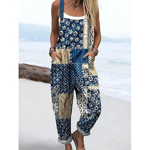 Damen 100% Baumwolle Latzhosen Aktive Blumen Ärmellos Ärmellos Gerade Quadrat Ausschnitt Patchwork Tasche Urlaub Täglich Lockere Passform Pink Blau Lila Sommer Image