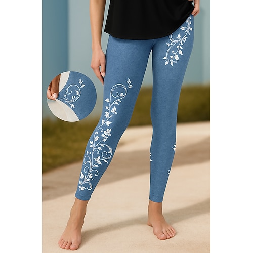 Damen Leggings Urlaub Vintage Ethno-Stil Knöchellang Hohe Taille Blumen Grafik 3D-Druck Schnelltrocknend Atmungsaktivität Weich Dehnbar Täglich Heim Outdoor Blau Schwarz Marineblau Himmelblau Herbst Image