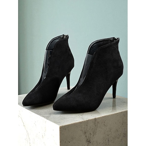 Schwarze Stiletto-Stiefeletten für Damen – Wildleder-Stiefeletten mit spitzer Zehenpartie und V-Ausschnitt für den urbanen, schicken Büro-Look und Streetwear im Herbst Image
